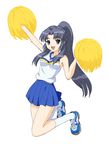  asakura_ryouko blue_eyes blue_hair cheerleader fujita_(speedlimit) highres jumping kneehighs long_hair pom_poms ponytail socks solo suzumiya_haruhi_no_yuuutsu 