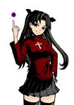  black_eyes black_hair black_legwear cross energy_ball fate/stay_night fate_(series) k+ latin_cross pointing pointing_up smile solo sweater thighhighs toosaka_rin turtleneck two_side_up zettai_ryouiki 