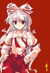  alphes_(style) bangs fujiwara_no_mokou hair_ribbon hand_in_pocket ideolo long_hair parody red_eyes ribbon silver_hair solo style_parody suspenders touhou 