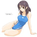  arm_support brown_hair competition_swimsuit highleg highleg_swimsuit long_hair non-web_source one-piece_swimsuit original ryouzou single_vertical_stripe sitting solo swimsuit yellow_eyes 