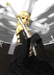  blonde_hair boots cloud copyright_request cross elbow_gloves gloves gothic gothic_lolita k+ katana latin_cross lolita_fashion red_eyes sky solo sword thighhighs weapon 