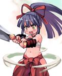  angry black_eyes black_hair bushidou_(sekaiju) flat_chest hakama japanese_clothes katana long_hair midriff no_shirt ponytail red_hakama ribbon ronin sarashi sekaiju_no_meikyuu solo sword weapon yu_3 