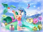  antennae barefoot blue_hair bug butterfly caterpillar choker fairy flower green_eyes harvest insect jpeg_artifacts kneeling long_hair nature pixie pointy_ears r'l skirt twintails wings 