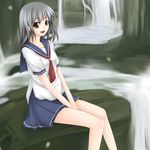  :d between_legs blue_sailor_collar blue_skirt brown_eyes hand_between_legs looking_at_viewer mitsuki_(toriaezu) open_mouth original outdoors pleated_skirt river sailor_collar school_uniform serafuku shirt silver_hair skirt smile solo splashing water waterfall white_shirt 