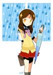  bag brown_hair hamamoto_ryuusuke orange_eyes original rain school_bag skirt smile solo sweater umbrella 