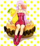  bad_id bad_pixiv_id boots copyright_request dress heart long_hair pigeon-toed pink_hair red_eyes smile solo strapless strapless_dress tsujisaki tube_dress 