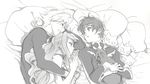  2boys anya_alstreim arthur_(code_geass) bad_id bad_pixiv_id bed cat code_geass gino_weinberg greyscale hug kanke_(yonkuma) kururugi_suzaku laughing lying monochrome multiple_boys pillow 