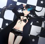  belt bikini_top black_hair black_rock_shooter black_rock_shooter_(character) blue_eyes breasts burning_eye checkered checkered_floor coat ft long_hair lying midriff mignon navel on_back parted_lips shorts small_breasts solo twintails underboob 