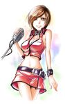  breasts brown_eyes brown_hair choker cleavage kitano_tomotoshi large_breasts meiko microphone microphone_stand midriff nail_polish navel short_hair skirt solo tank_top vocaloid wristband 