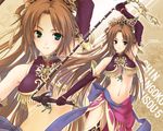  blush bow breasts brown_hair diao_chan elbow_gloves gloves green_eyes hat jewelry long_hair medium_breasts navel necklace shin_sangoku_musou solo thighhighs underboob weapon whip you_yude zoom_layer 