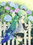  detached_sleeves flower green_eyes green_hair hatsune_miku hydrangea long_hair skirt solo thighhighs tsukina_(artist) twintails vocaloid zettai_ryouiki 