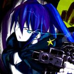  bad_id bad_pixiv_id black_rock_shooter black_rock_shooter_(character) blue_eyes food gun jouyo midriff solo weapon 