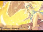  barefoot blue_eyes dress feathers feet foreshortening hand_in_hair letterboxed minamura_haruki original silver_hair sitting sky soles solo strap_slip sundress sunset toes 