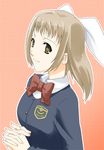  amatsuka_hotaru baby_princess bow bowtie brown_eyes brown_hair emblem hair_ribbon hands_clasped interlocked_fingers long_hair long_sleeves marumi own_hands_together red_bow red_neckwear ribbon school_uniform smile solo upper_body white_ribbon 
