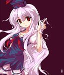  alphes_(style) breasts cleavage dress hair_twirling hat ideolo kamishirasawa_keine leaning_back long_hair medium_breasts parody pink_hair red_eyes ribbon smile solo style_parody touhou 
