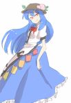  blue_hair bow dress frills hat hinanawi_tenshi long_hair mokeo orange_eyes smile solo standing touhou 