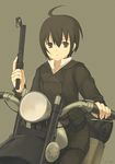  ahoge androgynous bad_id bad_pixiv_id bug butterfly ground_vehicle gun handgun insect kino kino_no_tabi moai_(aoh) motor_vehicle motorcycle reverse_trap revolver riding short_hair solo weapon 