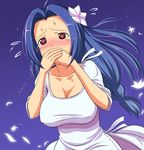  @_@ blue_hair blush breasts cleavage covering_mouth flower hair_ornament hand_over_own_mouth huge_breasts idolmaster idolmaster_(classic) idolmaster_1 long_hair miura_azusa red_eyes solo takayaki tears 