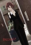  alley baccano! drum_(container) ennis firo_prochainezo formal hat k+ ladder pant_suit poster_(object) red_eyes solo suit wanted 