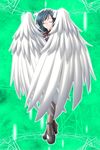  angel angel_wings black_footwear closed_eyes covering feathered_wings full_body green_background green_hair high_heels highres higuchi_isami magical_girl mahou_shoujo_sae maid maid_headdress nishijima_shouko rimless_eyewear round_eyewear smile solo white_wings wings 