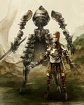  armor blonde_hair gloves grissom mace male_focus mecha solo standing sword vagrant_story watanabe_minoru weapon 