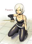  breasts copyright_request dagger detached_sleeves elbow_gloves fingerless_gloves gloves grey_eyes k+ kneeling large_breasts midriff short_hair solo tattoo weapon white_hair 