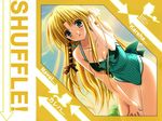  adjusting_hair blonde_hair blush braid breasts casual_one-piece_swimsuit cleavage green_eyes halterneck kareha leaning_forward long_hair medium_breasts navel_(company) non-web_source one-piece_swimsuit pointy_ears shuffle! side_braid smile solo suzuhira_hiro swimsuit wallpaper 