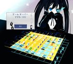  bangs bikini_top black_gloves black_jacket black_rock_shooter black_rock_shooter_(character) blue_fire board_game breasts burning_eye chain drawstring fire gloves gradient_hair hand_on_own_face hands_in_opposite_sleeves ixy jacket long_hair long_sleeves minesweeper multicolored_hair open_clothes open_jacket small_breasts solo star table translated twintails upper_body very_long_hair white_skin 