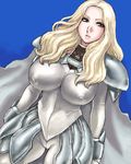  armor blonde_hair blue_background blue_eyes breasts cape claymore covered_nipples curvy large_breasts lips long_hair lowres matoyama oekaki solo teresa_(claymore) 