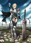  armor blonde_hair blue_eyes bug butterfly cape cloud day flag green_eyes hairband insect k+ moon original polearm short_hair sky solo spear sword thighhighs weapon 