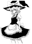  apron arms_at_sides braid dress greyscale hat hyuuga_azuri kirisame_marisa looking_at_viewer monochrome puffy_short_sleeves puffy_sleeves short_hair short_sleeves simple_background single_braid solo standing touhou waist_apron white_background witch_hat 