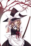  apron blonde_hair braid broom embellished_costume hair_over_one_eye hair_ribbon hand_on_headwear hat kirisame_marisa long_hair neck_ribbon ribbon side_braid solo standing touhou tree waist_apron witch_hat zinno 