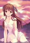  ayakaze_ryuushou between_legs blush breasts brown_eyes brown_hair cleavage collarbone dress hair_ribbon hand_between_legs large_breasts lingerie long_hair ogata_rina parted_lips ribbon sideboob sitting solo strap_slip sundress two_side_up underwear water wet wet_clothes white_album 