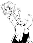  animal_ears ass blush detached_sleeves from_behind greyscale hat inubashiri_momiji kiku_hitomoji long_sleeves looking_at_viewer looking_back monochrome ribbon-trimmed_sleeves ribbon_trim short_hair simple_background solo tail thighhighs tokin_hat touhou white_background wolf_ears wolf_tail 