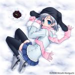  animal_hat blue_eyes boots coat hat horiguchi_hiroshi looking_up lowres mittens original plant scarf silver_hair skirt snow solo striped striped_scarf thighhighs zettai_ryouiki 