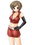  blush breasts brown_eyes brown_hair cleavage elbow_gloves gloves hazuki_(etcxetc) large_breasts meiko midriff pencil_skirt short_hair skirt smile solo vocaloid 