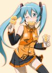  bad_id bad_pixiv_id black_legwear blue_eyes blue_hair blue_nails blush detached_sleeves doughnut eating food french_cruller hatsune_miku long_hair microphone mister_donut nail_polish necktie one_eye_closed orange_neckwear pleated_skirt skirt solo thighhighs twintails vocaloid youkan zettai_ryouiki 