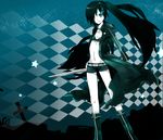  akaru_jun bad_id bad_pixiv_id black_hair black_rock_shooter black_rock_shooter_(character) blue_eyes cross katana latin_cross long_hair midriff shorts solo sword twintails weapon 