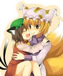  animal_ears bad_id bad_pixiv_id blonde_hair brown_hair cat_ears cat_tail chen closed_eyes fox_tail happy hat hug long_sleeves multiple_girls multiple_tails pillow_hat ribbon short_hair subaru_(yachika) tail tassel touhou wide_sleeves yakumo_ran yellow_eyes 