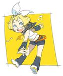  beamed_eighth_notes blonde_hair blue_eyes cosplay detached_sleeves eighth_note eureka_seven eureka_seven_(series) hair_ribbon kagamine_rin kagamine_rin_(cosplay) legs lowres maeter musical_note nanboku ribbon short_hair solo vocaloid 