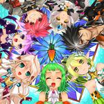  4girls aisha_(elsword) aqua_eyes armor black_hair blonde_hair brown_eyes carrot chung_seiker circle_formation closed_eyes code:_nemesis_(elsword) cravat crossover elsword elsword_(character) eve_(elsword) green_hair grin gumi hair_flaps iron_paladin_(elsword) joriosuta long_hair lord_knight_(elsword) multiple_boys multiple_girls open_mouth ponytail purple_eyes purple_hair raven_(elsword) reckless_fist_(elsword) red_eyes red_hair rena_(elsword) short_hair smile spiked_hair twintails vocaloid void_princess_(elsword) white_hair wind_sneaker_(elsword) yellow_eyes 