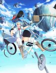  alternate_headwear basket bicycle bicycle_basket blue_hair blue_skirt blue_sky bolt boots bow bowtie breaking cloud cross-laced_footwear day destruction failure falling fingerless_gloves food garter_straps gears gloves ground_vehicle hat hat_loss hat_removed headwear_removed hinanawi_tenshi keystone lace-up_boots liking long_hair motion_blur nut_(hardware) open_mouth outdoors panties puffy_sleeves red_eyes rock rope shimenawa short_sleeves skirt sky solo sun_hat surprised thighhighs tomato touhou underwear wheel white_legwear white_panties wind wind_lift 