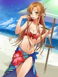  absurdres asuna_(sao) bare_shoulders beach bikini blue_sarong blue_sky breasts brown_eyes brown_hair chopsticks cleavage cloud day dutch_angle eating highres kamome_yuu long_hair looking_at_viewer medium_breasts navel outdoors print_sarong red_bikini sarong sky solo swimsuit sword_art_online water 