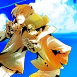  backwards_hat baseball_cap blue_background cloud day goggles goggles_on_head gold_(pokemon) hat hug male_focus multiple_boys nono_pk pokemon pokemon_special silver_(pokemon) sky 