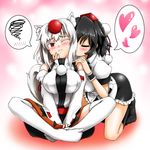  animal_ears black_hair blush breasts closed_eyes detached_sleeves hat heart inubashiri_momiji kiss large_breasts multiple_girls one_eye_closed puffy_sleeves red_eyes shameimaru_aya short_hair short_sleeves sitting speech_bubble tail thighhighs tokin_hat touhou white_hair wide_sleeves wolf_ears wolf_tail wrist_cuffs yazuki_gennojou yuri 