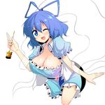  belt blue_eyes blue_hair breasts chipa_(arutana) cleavage collarbone flower hair_ornament hair_rings hair_stick kaku_seiga large_breasts one_eye_closed open_mouth shawl short_hair solo touhou white_background 