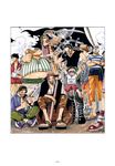 6+boys anchor anchor_(symbol) bald barrel ben_beckman black_hair black_shirt border child cigarette cover cover_page cutlas east_blue eating food gloves gun happy hat highres jacket_on_shoulders jolly_roger jump jumping lucky_roux male male_focus meat monkey_d_luffy multiple_boys muscle oda_eiichiro oda_eiichirou official_art one_piece orange_pants pink_hair pirate pirate_flag red_hair saber_(weapon) sandals scar shanks sheath sheathed_sword shirt shorts sitting smile smoking standing straw_hat striped striped_shirt sunglasses sword t-shirt tattoo tongue weapon white_gloves yasopp 