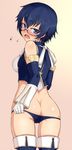  ass blue_eyes blue_hair blue_panties blush butt_crack flying_sweatdrops from_behind glasses looking_back lowleg lowleg_panties null_(nyanpyoun) open_mouth panties persona persona_4 persona_4_the_golden shirogane_naoto short_hair simple_background solo sweatdrop thighhighs underwear wavy_mouth 