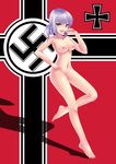  :d absurdres bad_id bad_pixiv_id barefoot blue_eyes breasts highres looking_at_viewer medium_breasts mizutsuki_rei nazi_war_ensign nipples nude open_mouth original purple_hair shadow shiny shiny_skin smile swastika whip 