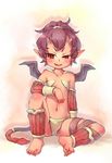  barefoot demon_girl demon_tail demon_wings fang flat_chest horns navel original personification pointy_ears ponytail purple_hair red_eyes sankuma short_hair sitting solo tail wings 